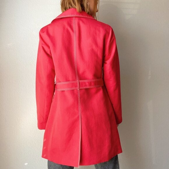 J. Crew Red Cotton White Outstitch Trim Belted Long Trench Coat Jacket - Picture 6 of 9